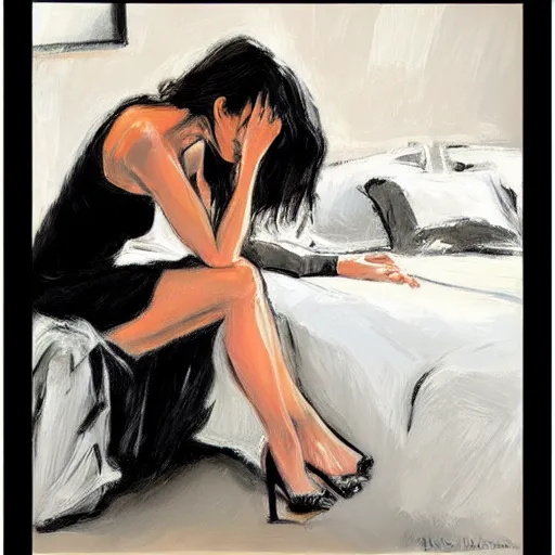 Prompt: Ground Level Shot, medium shot of a dark haired woman wearing a black dress, on a bed. by fabian perez