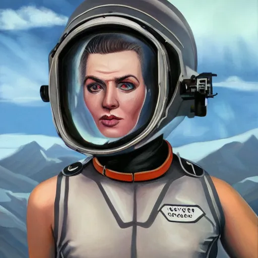 Prompt: painting of square - jawed emotionless serious blonde woman starship engineer, tribal tattoos, handsome, short slicked - back hair, sweating, uncomfortable and anxious, looking distracted and awkward, wearing victorian dark goggles, flight suit and gloves, small spacecraft in background, highly detailed, mike mignogna, trending on artstation