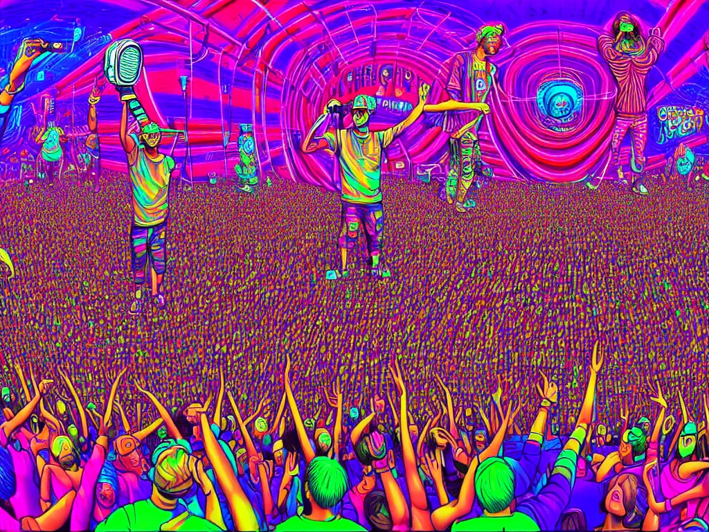 Image similar to rapping on stage at festival, holding microphone, giant crowd, epic angle, happy, psychedelic, hip hop, surreal, neon, vaporwave, detailed, illustrated by Alex Grey, 4k