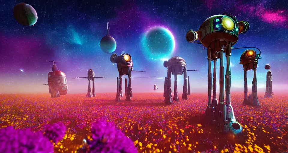 Image similar to a beautiful up close view of a mechanical mystical alien shrine in a field of multicolored colored flowers, underneath a star filled night sky, warm coloured, gigantic pillars and flowers, maschinen krieger, beeple, star trek, star wars, ilm, atmospheric perspective