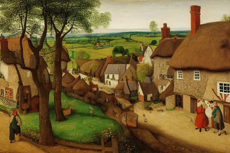 Prompt: A quaint cottage in an English village, merry england, oil on canvas, 4k, detailed, in the style of Pieter Bruegel the Elder