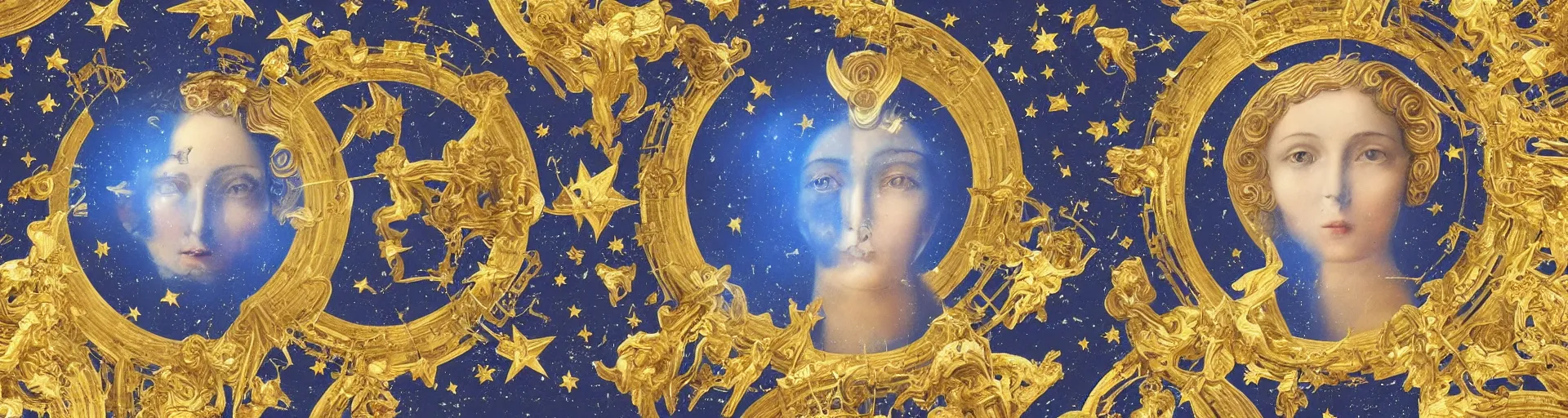 Prompt: symmetrical face, saint Woman, Venus, athena, gravitas, beautiful, gracious, baroque marble and gold in space, stars, clouds