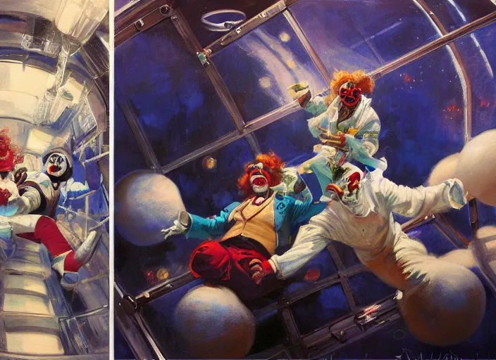 Prompt: a highly detailed beautiful portrait of a clown and a mime fighting on a space station, by gregory manchess, james gurney, james jean