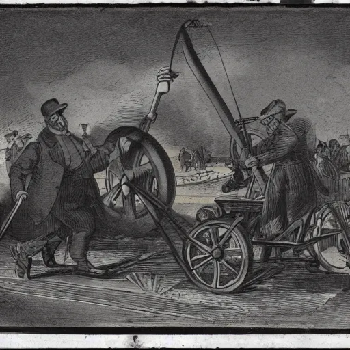 Prompt: photograph of an eldery gentleman towing a howitzer! artillery! with a mobility scooter on a street