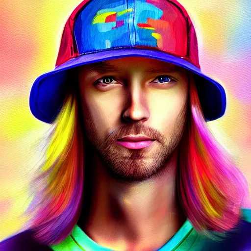 Prompt: colorful painting of a man with long blond hair with a colorful baseball cap for kids, matte painting, trending on art station, ultra - detailed, hq