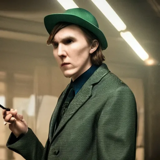 Prompt: film still of Paul Dano as Riddler in a new Batman movie, dark muted colors, dark room, contrasted lighting