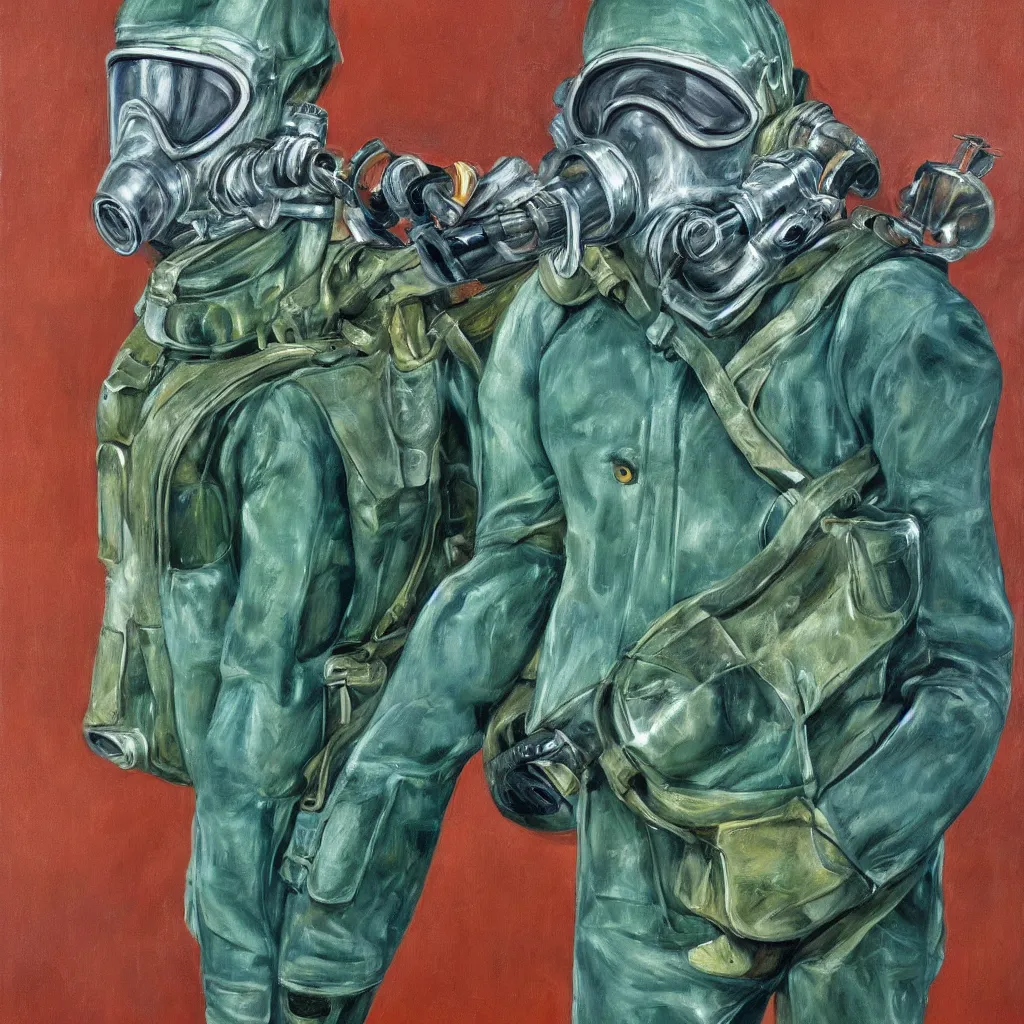 Prompt: high quality high detail painting by lucian freud, jenny savile, scifi soldier with gas mask, turquoise, hd