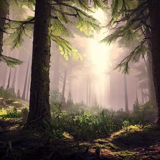 Image similar to beautiful illustration of a forest, highly detailed, crystal lighting, hyperrealistic, unreal engine, magical