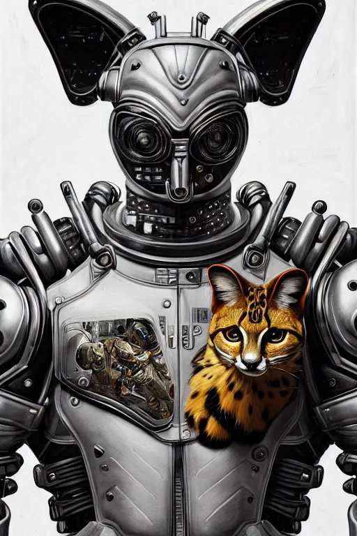 Image similar to a portrait of a muscular anthropomorphic cyberpunk serval in spacesuit armor with ensignia on chest plate by sandra chevrier, by jon foster, detailed render, post - processing, extremely hyperdetailed, intricate, epic composition, cybernetics, 4 k realistic, cryengine, realistic shaded lighting, sharp focus, masterpiece, by enki bilal