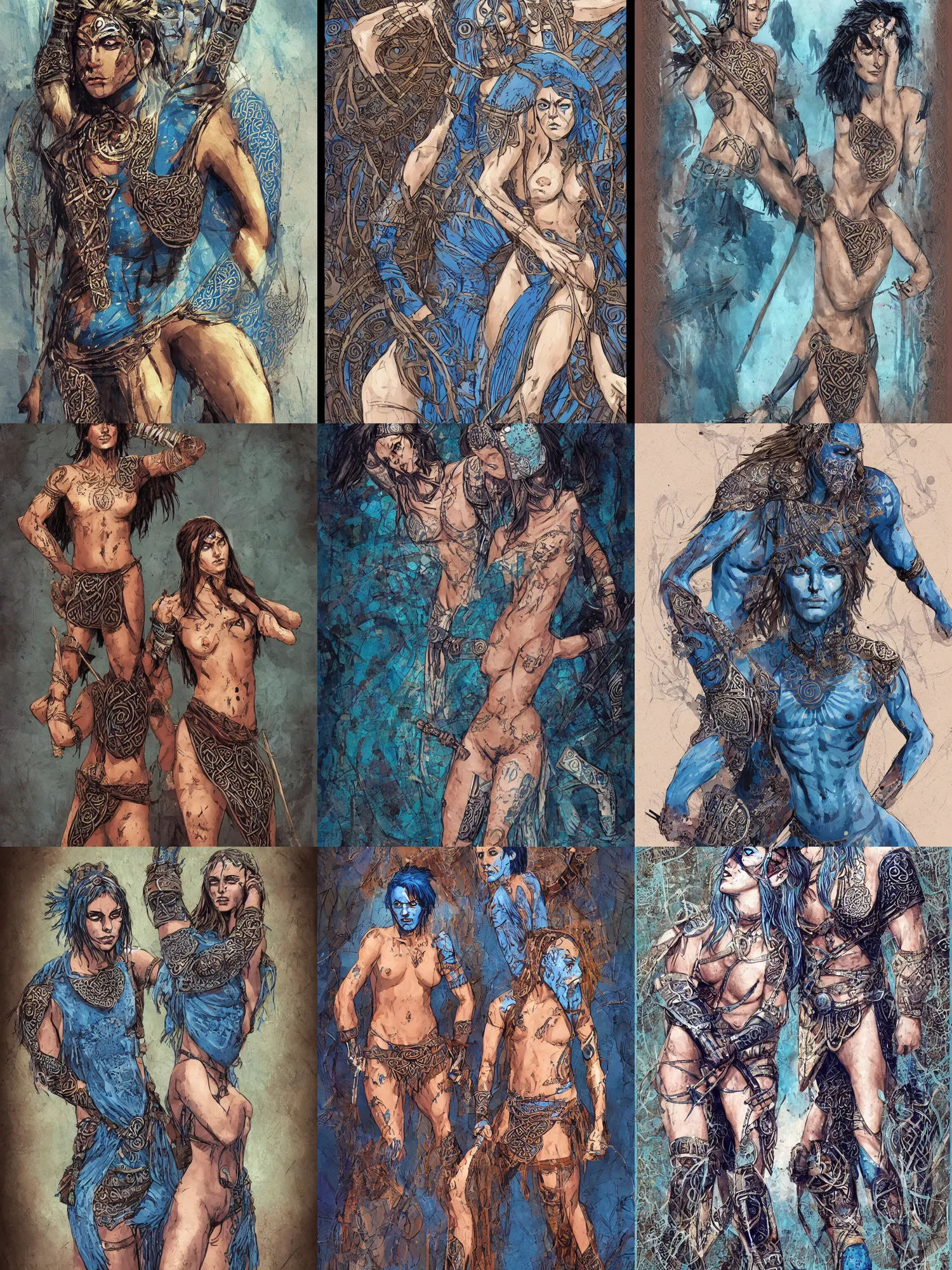 Prompt: one celtic pict warrior alone with blue warpaint patterns on his bare exposed body skin late antiquity, tony moore fiona staples cover graphic novel