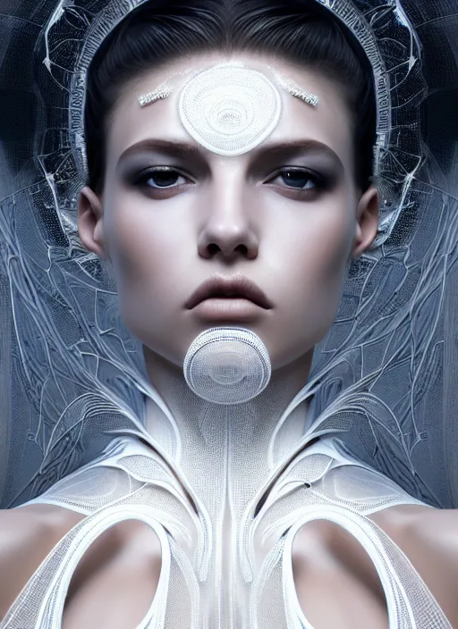 Prompt: a fierce nubile young woman with reflections in her eyes and slicked hair, wearing a intricate white futuristic costume, clear skin, elegant, graceful, fashionable, swirling dark energy in background, cinematic, hyperdetailed illustration by irakli nadar and alexandre ferra, intricate linework, faberge, ornamental, depth of field, global illumination,