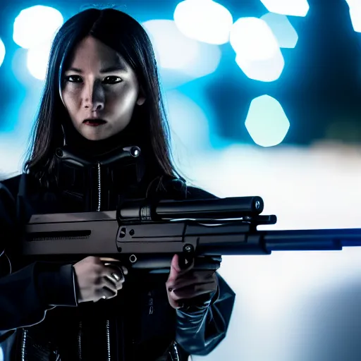 Image similar to photographic portrait of a techwear woman holding a shotgun, holding shotgun down, closeup, on the rooftop of a futuristic city at night, sigma 85mm f/1.4, 4k, depth of field, high resolution, full color, award winning photography, inspired by Kill Bill, inspired by John Wick, inspired by Die Hard, movies with guns, movie firearms