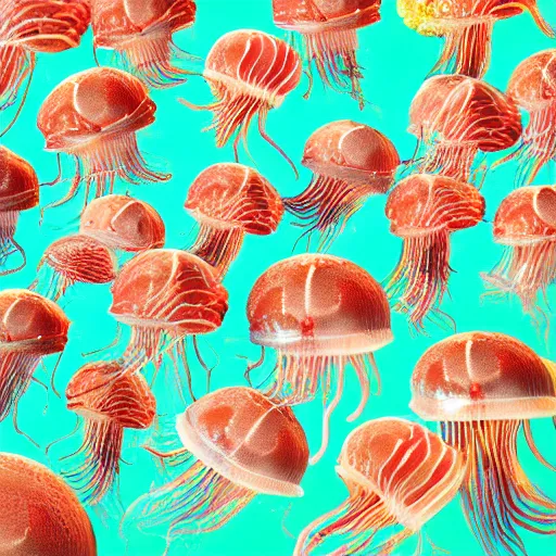 Prompt: hamburger mix jellyfish, cg, 8 k, super real, sharp focus, style by andy warhol