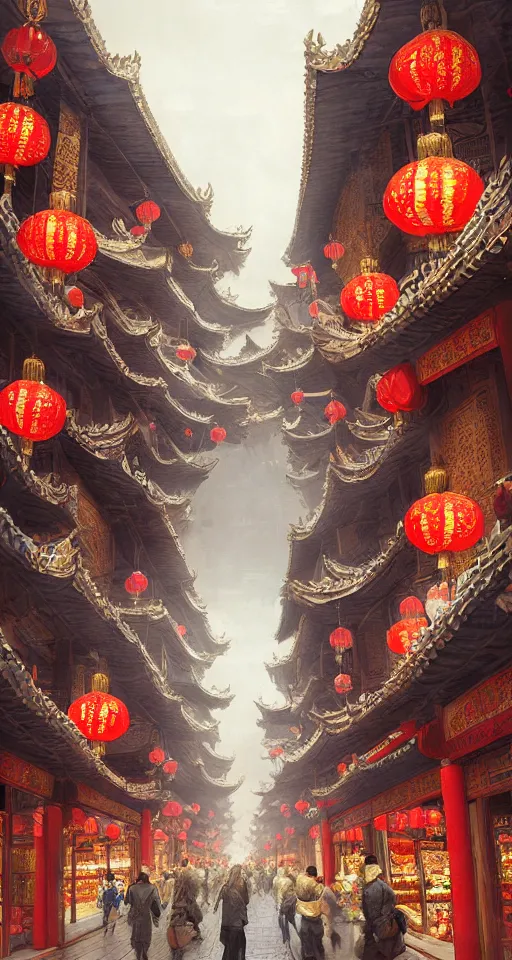 Image similar to epic scenery of a shopping street in the Chinese imperial city, intricate, elegant, volumetric lighting, digital painting, highly detailed, artstation, sharp focus, illustration, concept art, ruan jia, steve mccurry