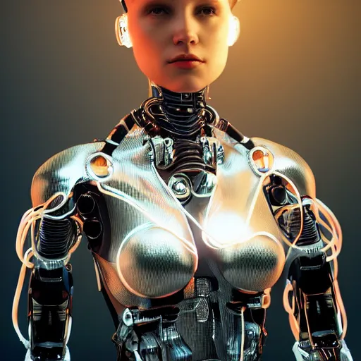 Image similar to a beautiful woman wearing robot suit with wires and light, highly detailed, photorealistic, artstation, smooth