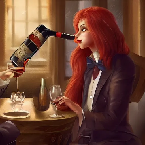 Prompt: a sophisticated fox in a wealthy hen-house sharing a glass of wine over high-society conversation, amazing digital art, trending on artstation, featured on deviantart