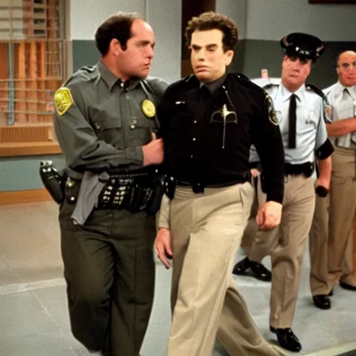 Prompt: George Costanza being arrested by Kramer on an episode of Seinfeld