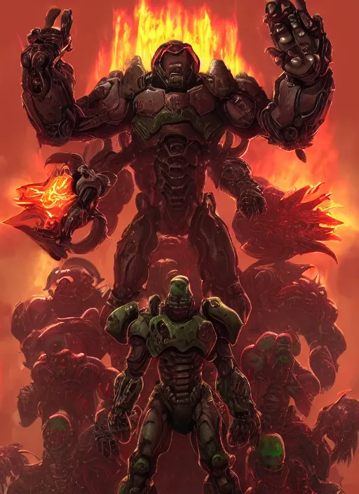 Image similar to ( doom ) cover featuring doom slayer!! surrounded by demons, cyberdemon, by kenneth scott, artstation, vivid gaze