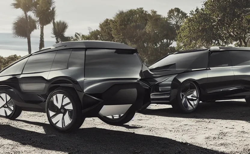 Prompt: the electric suv honma will release soon, outdoor product photography on a golf course