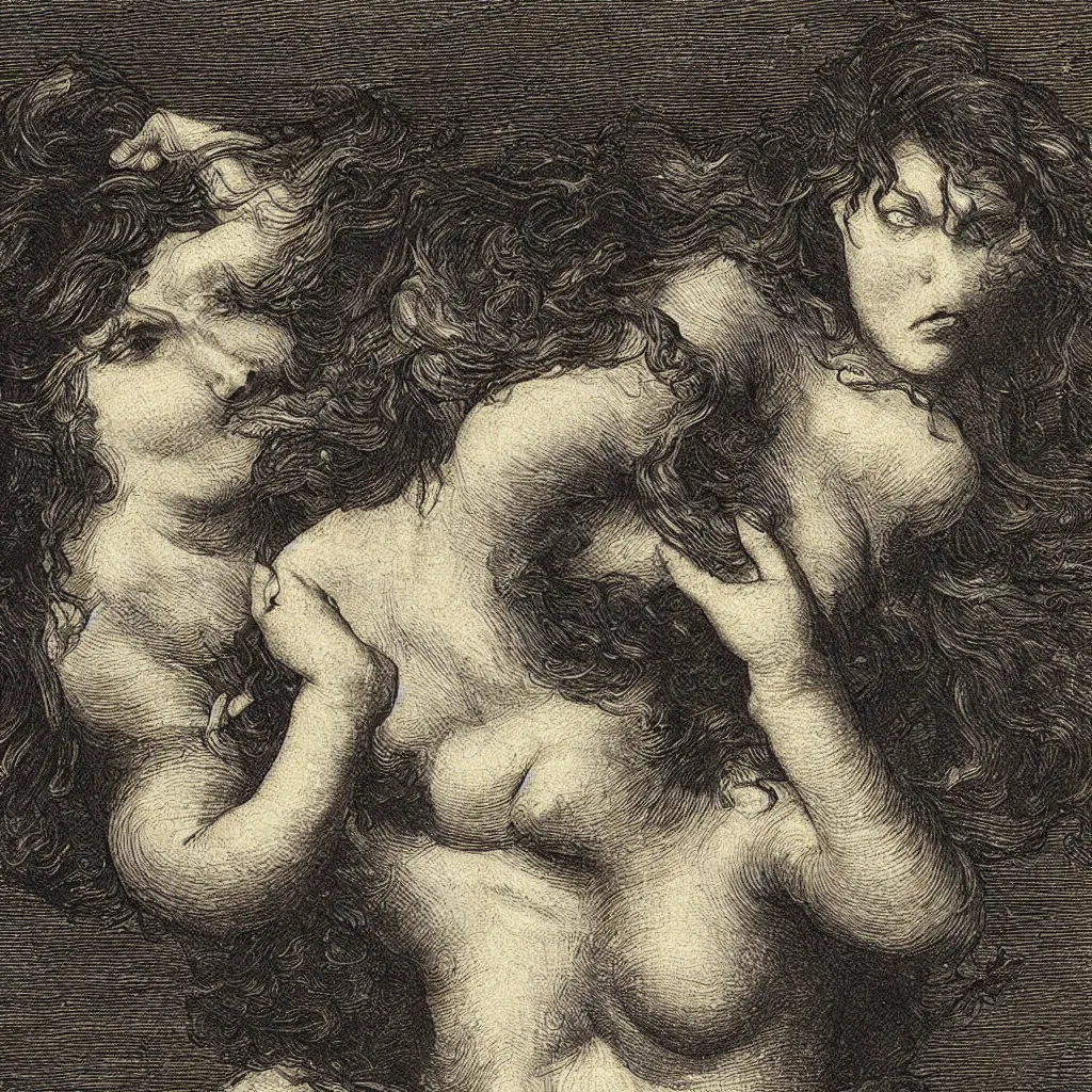 Prompt: close up of a woman cyring and rage, gustav dore