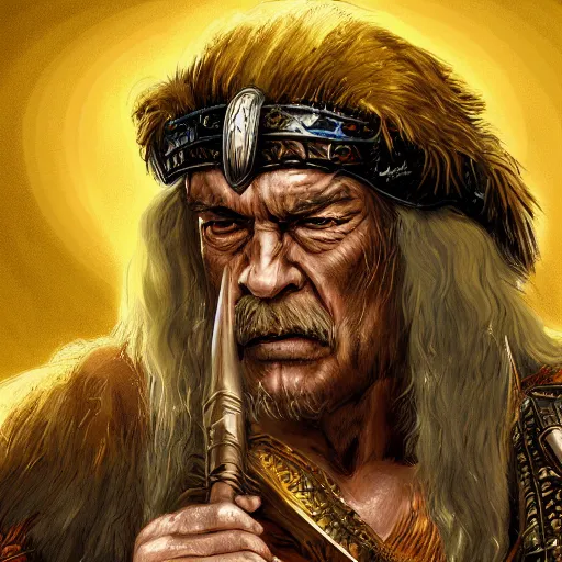 Image similar to an old man with 7 yellow birds, epic fantasy, conan the barbarian, high detail, digital art