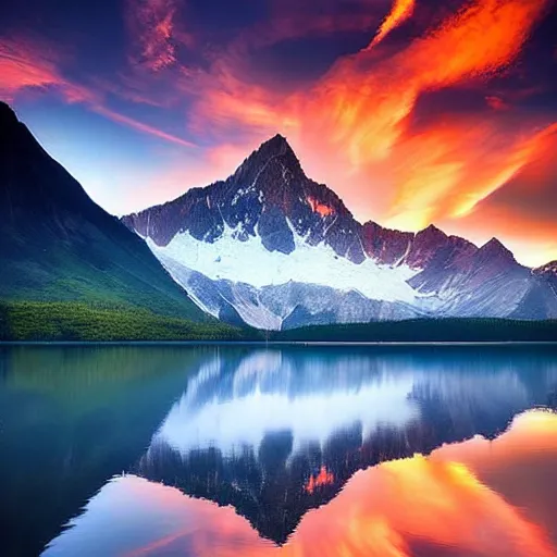 Image similar to amazing landscape photo of mountains with lake in sunset by marc adamus, beautiful dramatic lighting