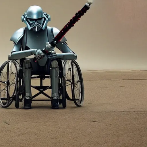 Image similar to General Grievous in a wheelchair with 4 lightsabers, photo from star wars the prequel,