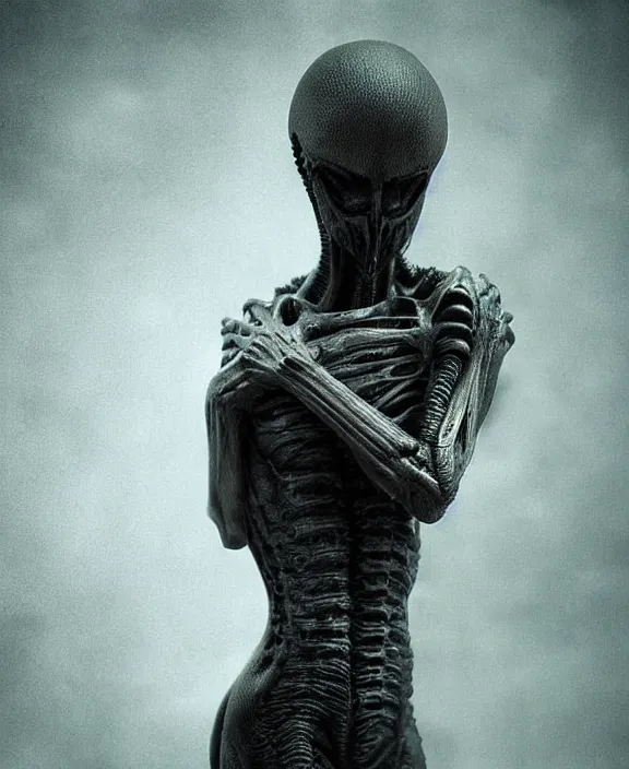 Image similar to xenomorph hugging pale sad beauty merging, dark mist colors, giger background liminal void, digital art, cinematic lighting, realistic, award winning photograph, various refining methods, micro macro autofocus