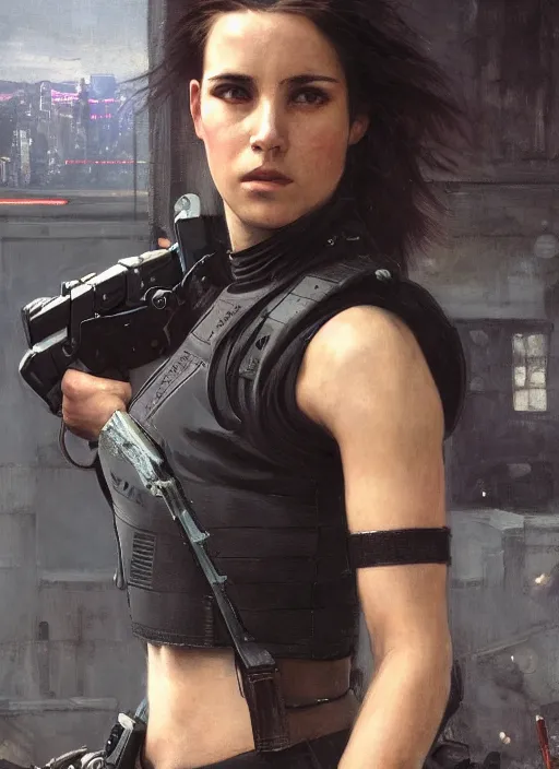 Image similar to 🤼♀. cyberpunk police trooper in a military vest ( blade runner 2 0 4 9, cyberpunk 2 0 7 7 ). orientalist portrait by john william waterhouse and james gurney and theodore ralli and nasreddine dinet, oil on canvas. cinematic, hyper realism, realistic proportions, dramatic lighting, high detail 4 k