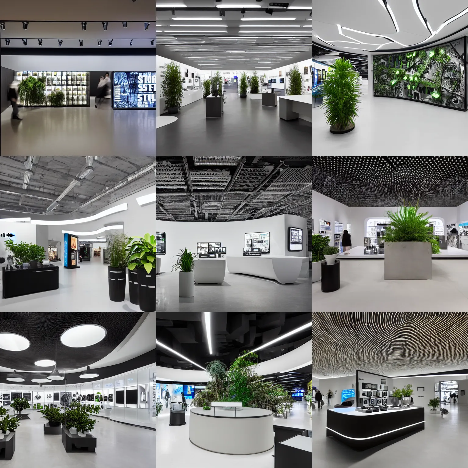 Prompt: hyperdetailed brutalist samsung store, polished concrete, white walls, digital screens, curved furniture, lush plants.