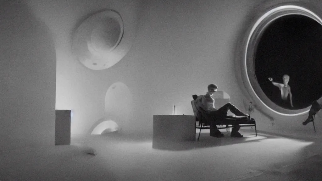 Image similar to an mri slice of james cavell in the living room, film still from the movie directed by denis villeneuve with art direction by salvador dali, wide lens