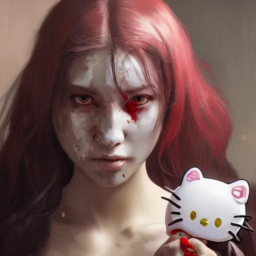 Image similar to portrait painting of a bloodied hello kitty serial killer, ultra realistic, concept art, intricate details, eerie, highly detailed, photorealistic, octane render, 8 k, unreal engine. art by artgerm and greg rutkowski and alphonse mucha