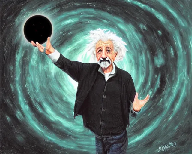 Prompt: albert einstein holding a black hole, psytrance portrait artwork, by sam spratt and ondrash