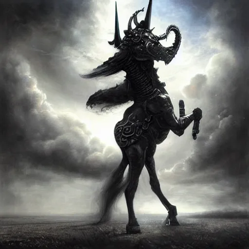 Prompt: By Tom Bagshaw and Boris Vallejo, ultra realist soft painting of a warzone by night, centered Gothic armored unicorn standing, horror, omnious sky, symmetry accurate features, very intricate details, black and white, volumetric light clouds