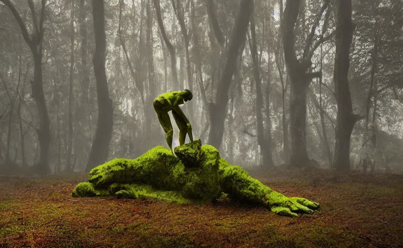 Image similar to a mossy marble statue of Cristiano Ronaldo abandoned in the middle of a forest near a lake at sunset by Greg Rutkowski, concept art, godrays, complementary colors, calm, relaxing, beautiful landscape, highly detailed, high quality, 4k HDR, path tracing, serene landscape, high coherence, soft lighting