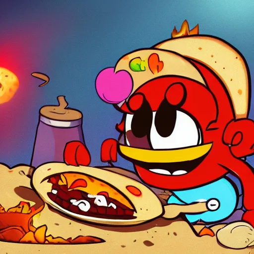 Image similar to cuphead eating a spicy taco in the beach trending on artstation digital paint 4 k render