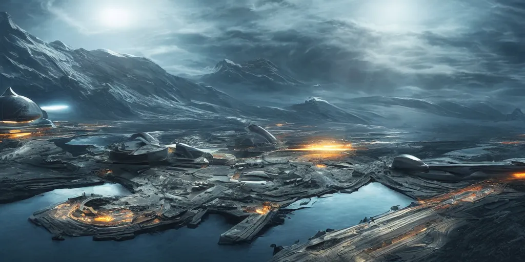 Image similar to a beautiful view of a spaceport at the fjord, matte painting, cinematic lighting, hyper - detailed, 4 k, scifi