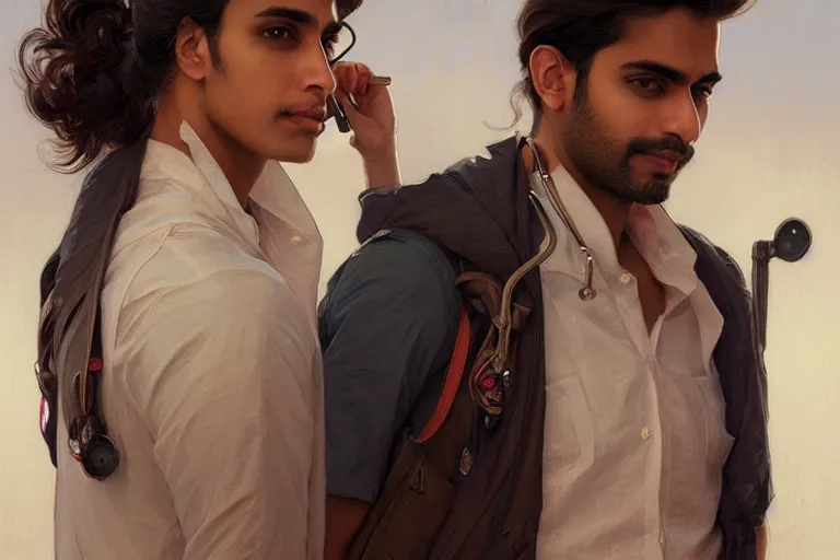 Image similar to Anxious good looking pale young Indian doctors wearing American clothes at the airport, portrait, elegant, intricate, digital painting, artstation, concept art, smooth, sharp focus, illustration, art by artgerm and greg rutkowski and alphonse mucha