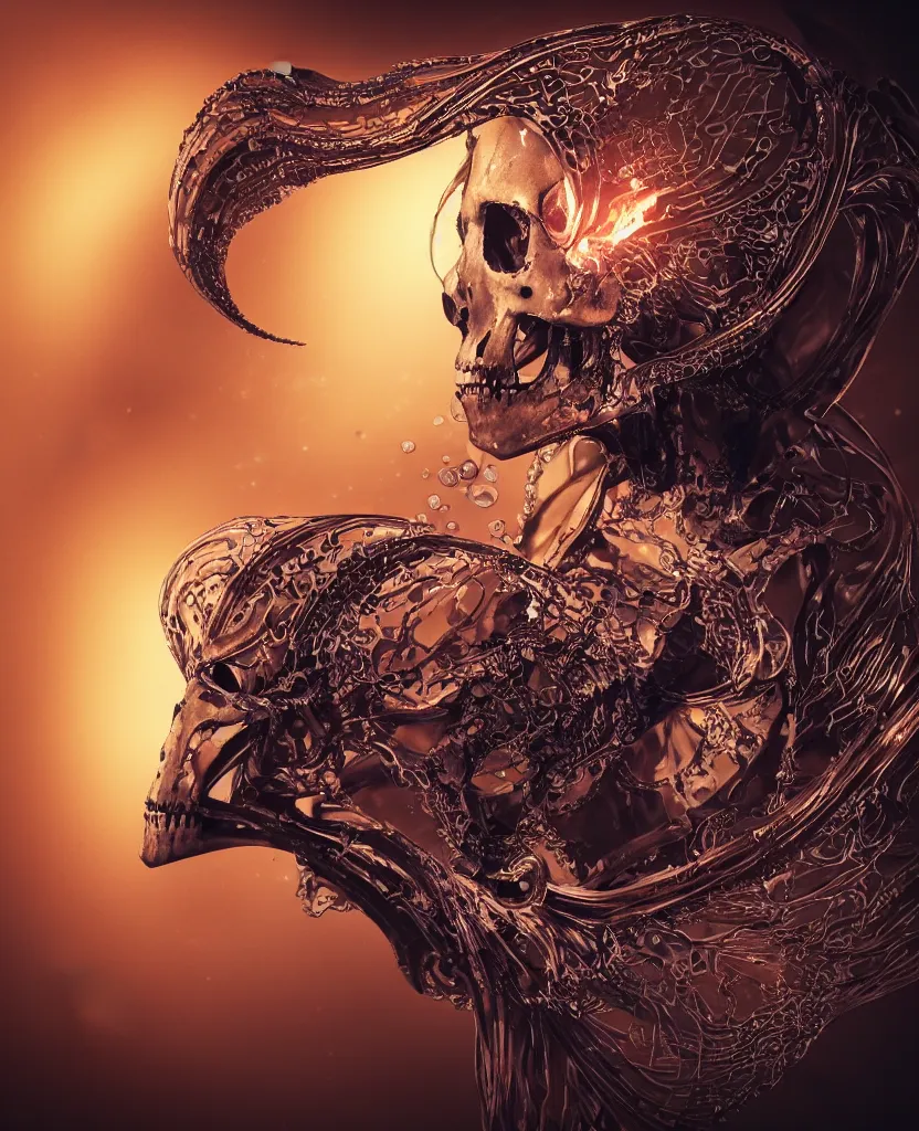 Image similar to close-up macro portrait of the face of a beautiful princess with animal skull mask, epic angle and pose ribcage skeleton, symmetrical artwork, 3d with depth of field, blurred background, cybernetic jellyfish female face skull phoenix bird, translucent, nautilus, energy flows of water and fire. a highly detailed epic cinematic concept art CG render. made in Maya, Blender and Photoshop, octane render, excellent composition, cinematic dystopian brutalist atmosphere, dynamic dramatic cinematic lighting, aesthetic, very inspirational, arthouse. y Greg Rutkowski, Ilya Kuvshinov, WLOP, Stanley Artgerm Lau, Ruan Jia and Fenghua Zhong