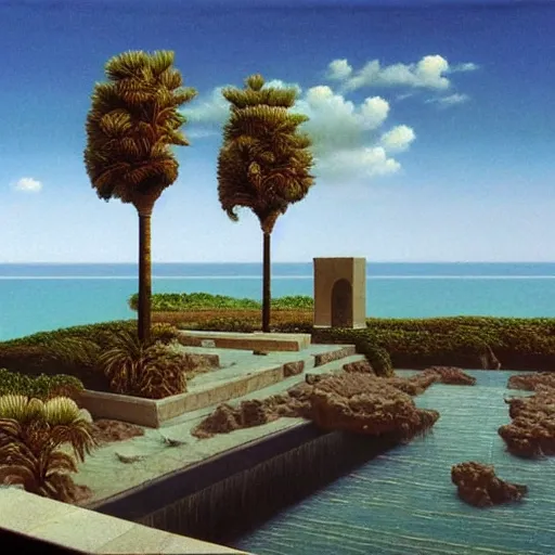 Image similar to David Ligare masterpiece, hyperrealistic surrealism, award winning masterpiece with incredible details, epic stunning, infinity pool, a surreal vaporwave liminal space, highly detailed, trending on ArtStation, broken giant marble head statue ruins, calming, meditative, geometric liminal space, palm trees, very vaporwave, very very surreal, sharp details