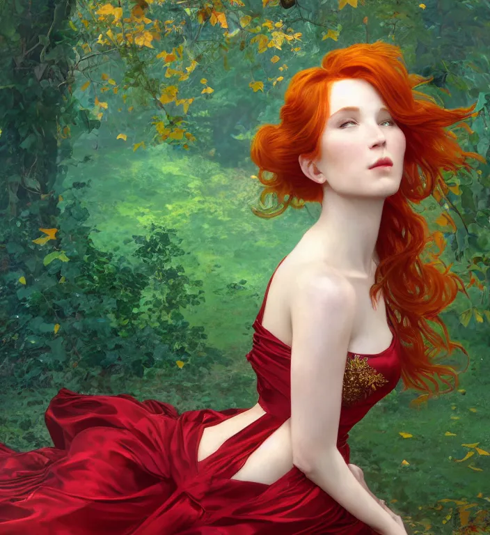 Prompt: portrait of a red haired woman wearing a green satin dress with fine gold filigree, autumn leaves falling, dramatic volumetric lighting, god rays, global illumination, soft, sharp focus, ivy, masterpiece, moss, trending on artstation, concept art by artgerm and Alphonse Mucha and Greg Rutkowski and Ryan Lang