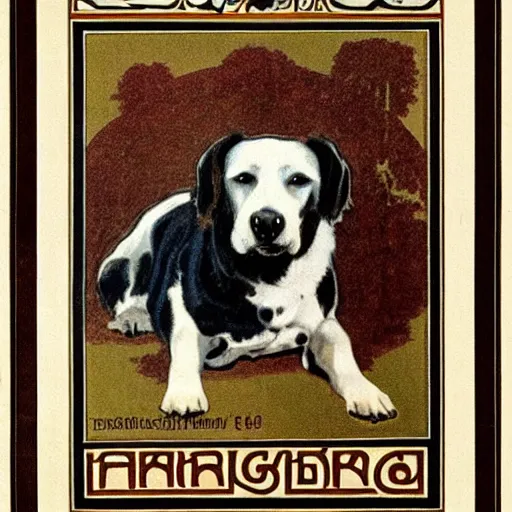 Prompt: portrait of brown danish - swedish farmdog with a background in the style of mucha