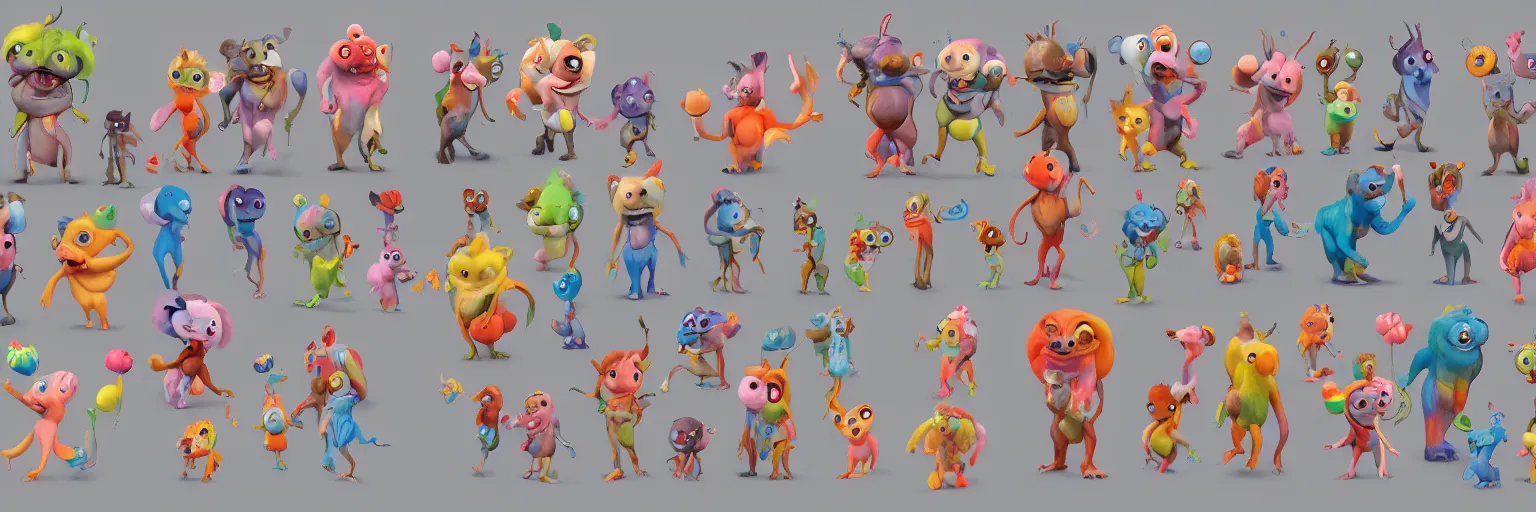 Prompt: concept sheet of cute colorful 3 d family characters for kids assisting a concept machine. cute bipedal fluffy animals, big head and eyes, big feet. primitive shapes and forms, reflective like candy, concept art, 8 k, artstation