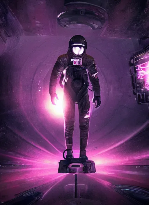 Image similar to complex poster by craig mullins astronaut in futuristic dark and empty spaceship underwater. infrared pink glowing lights. complex and hyperdetailed technical suit. reflection and dispersion materials. rays and dispersion of light. volumetric light. 5 0 mm, f / 3 2. noise film photo. flash photography. unreal engine 4, octane render. interstellar movie art