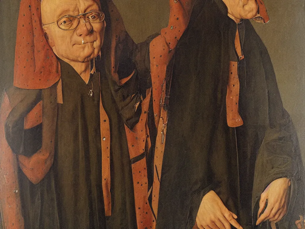 Prompt: portrait of a middle aged blind man. 21 th century clothes. Painting by Jan van Eyck