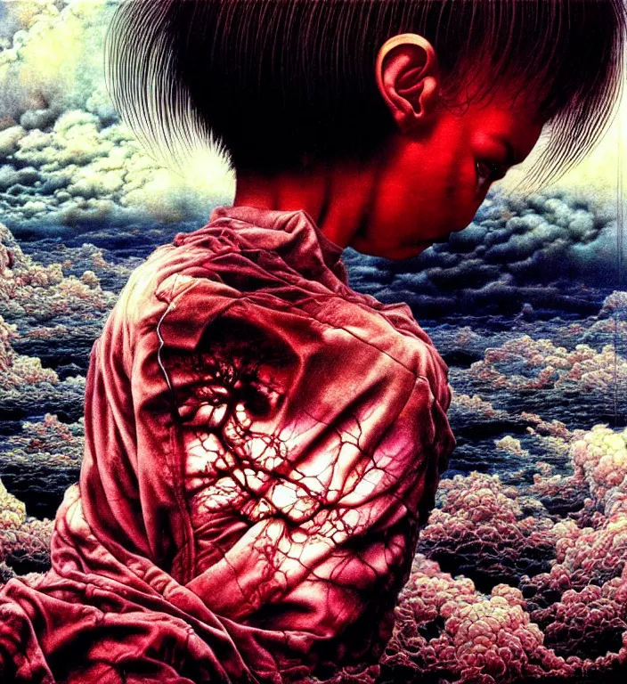 Prompt: boy looking at the PC computer from 90s by Laurie Lipton, grainy film kodak, by Ayami Kojima, Mark Brooks, rich deep colors. Beksinski painting, part by Adrian Ghenie and Gerhard Richter. art by Takato Yamamoto. masterpiece