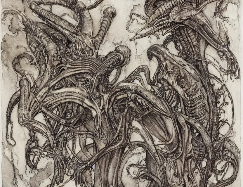 Image similar to a detailed, intricate watercolor and ink illustration with fine lines of h. r. giger's xenomorph, by arthur rackham and edmund dulac and lisbeth zwerger