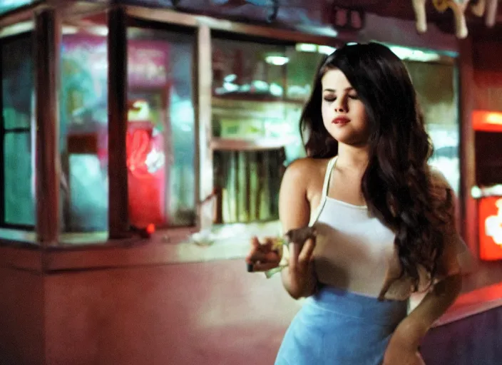 Prompt: a candid, color cinema film still of a selena gomez as a waitress at hooters having a cigarette out back, cinematic lighting at night.