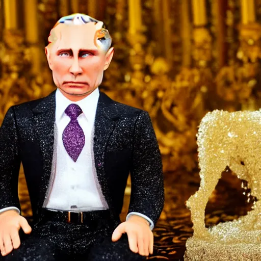 Image similar to Vladimir Putin with silver-violet hair, white eyes and golden glittery dress, wide lens, diorama, 4k,