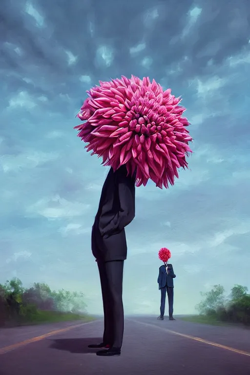 Prompt: portrait giant dahlia flower head, frontal, girl in a suit, standing in street, surreal photography, sunrise, dramatic light, impressionist painting, digital painting, artstation, simon stalenhag